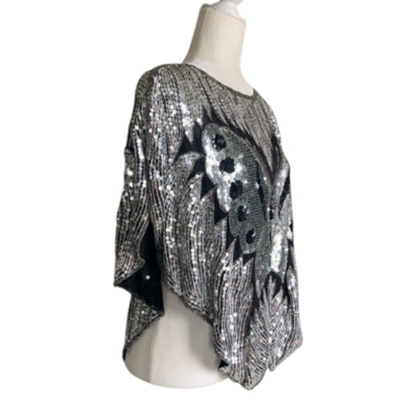 70's🦋Silk&Sequin Butterfly🦋Top - Black and Silver - Picture 3 of 7